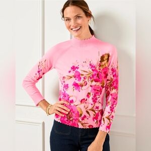 TALBOTS Ribbed Crewneck Sweatwr Pink Floral Scalloped Neck Cuff Hem Sz LP